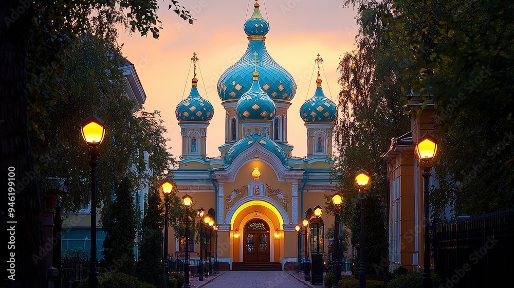 Obraz premium A vibrant church with blue domes illuminated at dusk, surrounded by lampposts and greenery.
