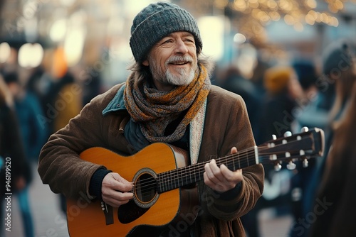 A street performer playing a guitar in a busy city square, with a small crowd gathered to listen