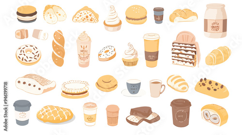 Hand-Drawn Cute Bread Products, Cake, and Coffee Set