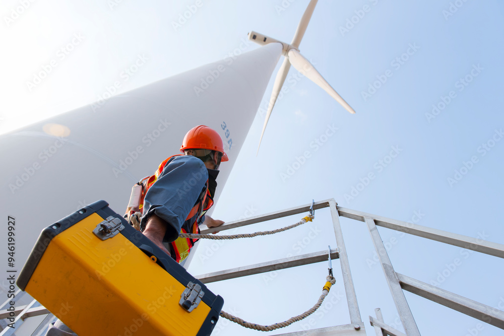 worker in Personal Protective Equipment work with wind turbine farm.  people in Safety Harness work on wind mill.
