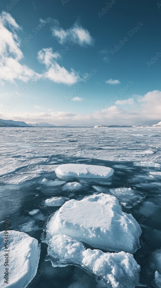 Pack ice floating on blue ocean water with cloudy sky Pack ice floating on blue ocean water with cloudy sky
