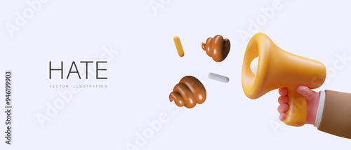 Concept of hate, hand holds horn from which poop flies. Cyber bullying, humiliation, insult