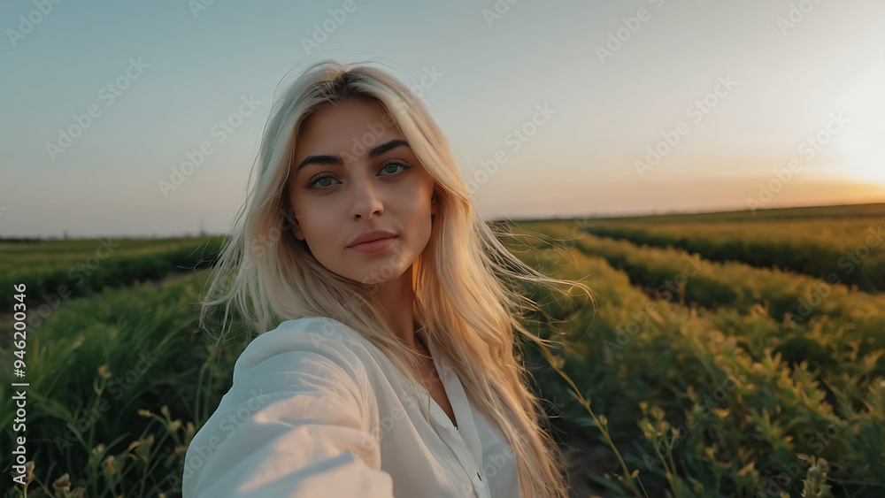 Young Woman with Blond Hair in Green Field at Sunset Young Woman with Blond Hair in Green Field at Sunset