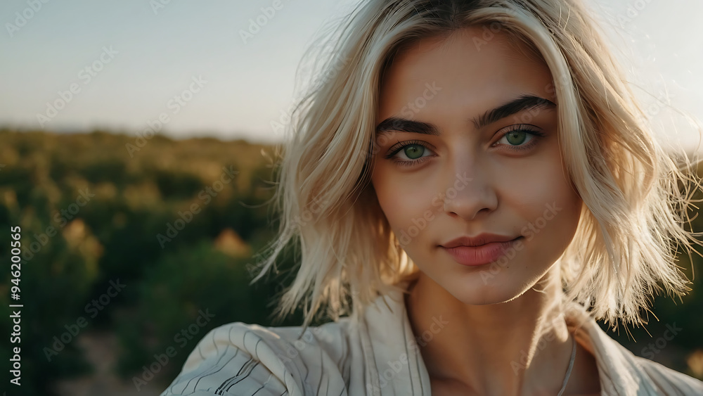 Portrait of Young Woman with Blonde Hair and Green Eyes Outdoors Portrait of Young Woman with Blonde Hair and Green Eyes Outdoors