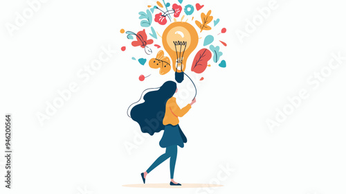 Creative Woman Carrying Her Idea - Mixed Media Vector Illustration