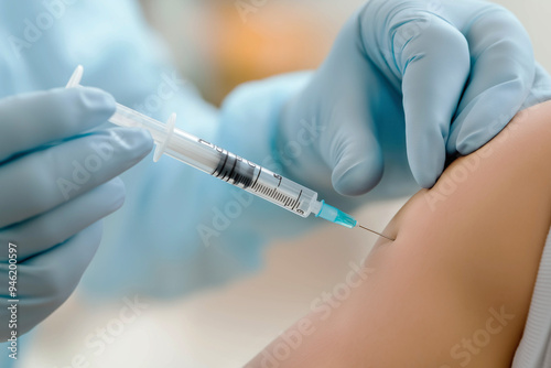 Close-up of a medical worker injecting a syringe into a person's skin. Vaccination. flu prevention.