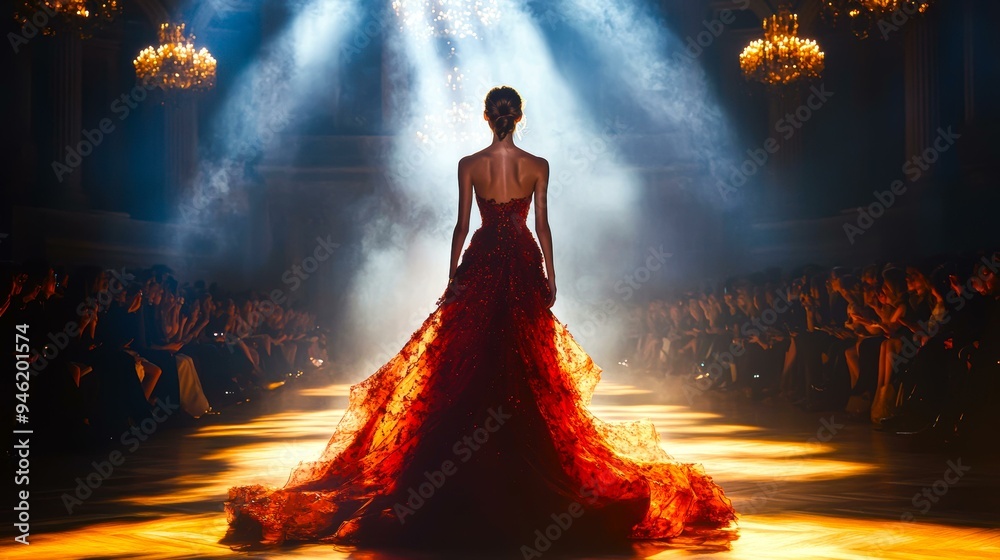 A woman in an elegant red gown walks down a brightly lit runway, surrounded by an audience in a grand hall with chandeliers, perfect for fashion show promotions or luxury event advertising, A woman in an elegant red gown walks down a brightly lit runway, surrounded by an audience in a grand hall with chandeliers, perfect for fashion show promotions or luxury event advertising,