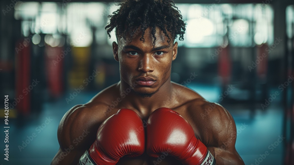 A determined boxer with red gloves in a gym setting, highlighting focus and strength, ideal for fitness motivation and sports promotions, A determined boxer with red gloves in a gym setting, highlighting focus and strength, ideal for fitness motivation and sports promotions,