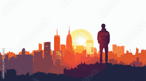 Silhouette of Man in Cityscape at Sunset with Light Flare
