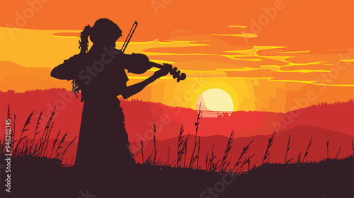 Elegant Silhouette of Woman Playing Violin at Majestic Sunset