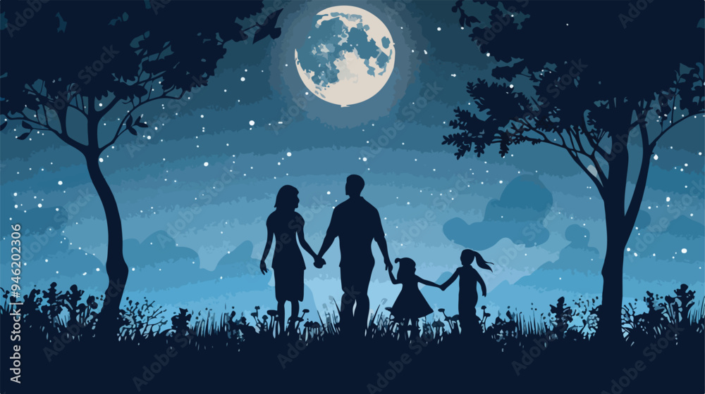Happy Family Silhouettes Under Full Moon at Night Happy Family Silhouettes Under Full Moon at Night