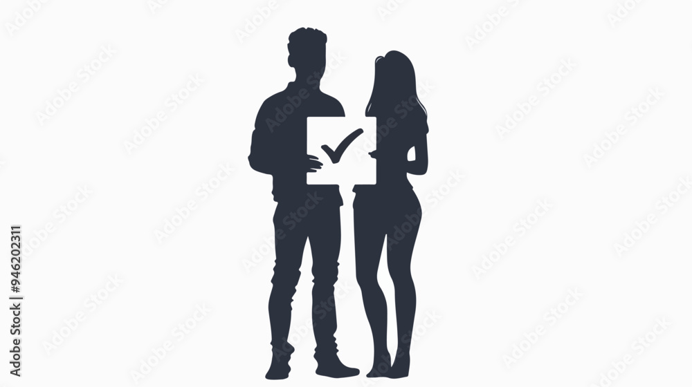 Young Couple Silhouettes Holding Checkbox with Tic Young Couple Silhouettes Holding Checkbox with Tic