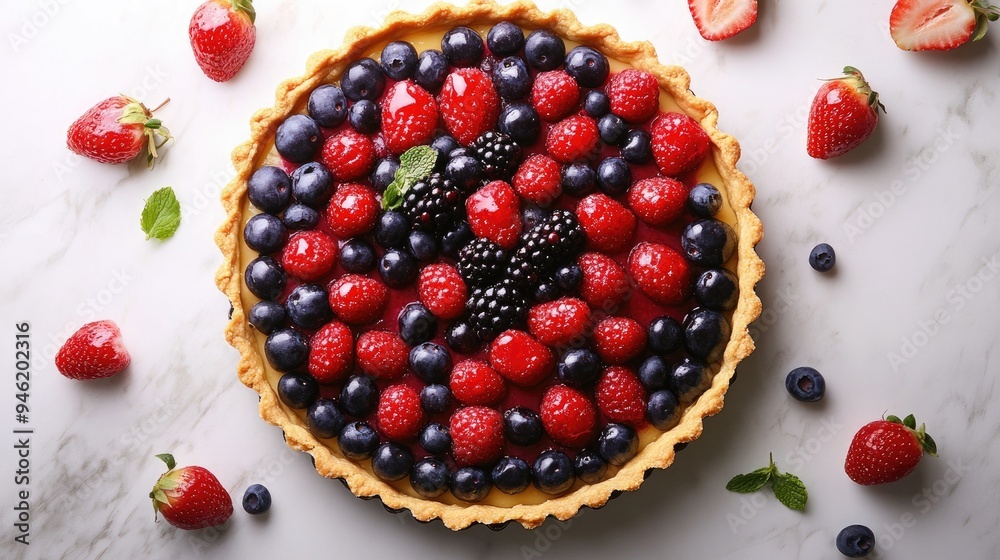 A fresh fruit tart with a buttery crust and vibrant assortment of berries, perfect for summer dessert visuals A fresh fruit tart with a buttery crust and vibrant assortment of berries, perfect for summer dessert visuals