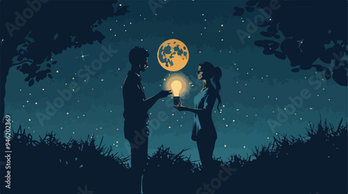 Energetic Young Couple Embracing Night with Illuminated Bulb Outdoors