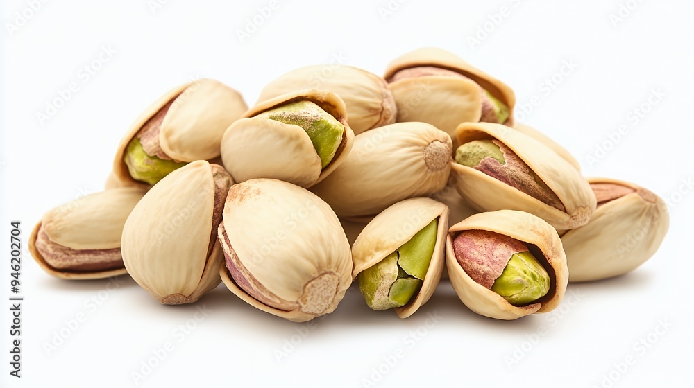 A pile of shelled pistachios showcasing their green kernels and beige shells. A pile of shelled pistachios showcasing their green kernels and beige shells.