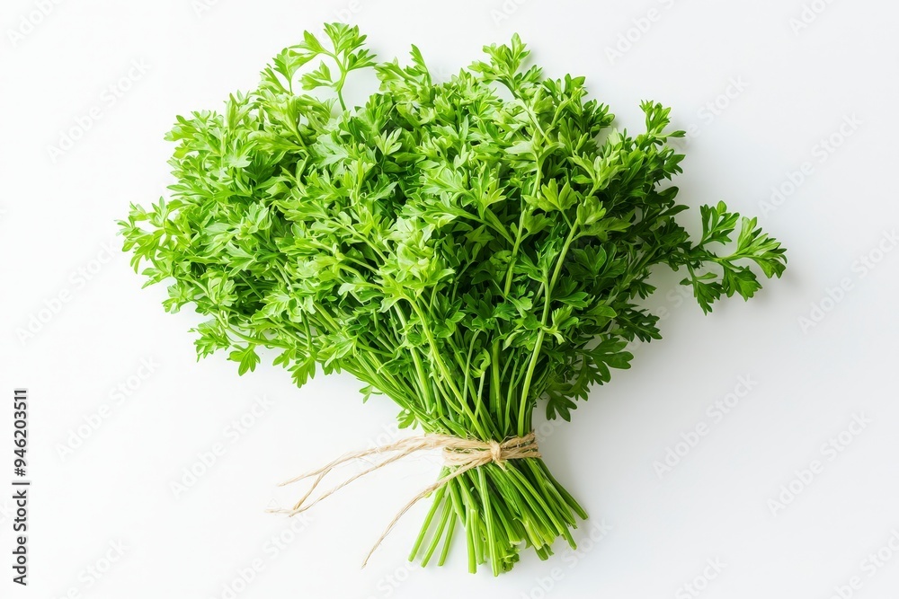 A fresh bunch of parsley tied with twine, ready for culinary use. A fresh bunch of parsley tied with twine, ready for culinary use.
