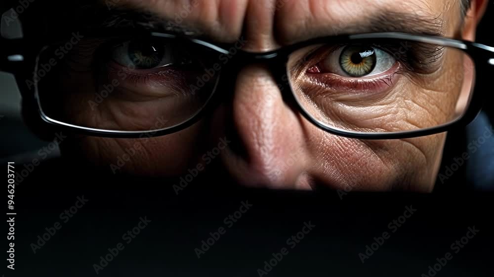 Mature man with wrinkles and glasses stares intensely from a dark shadow, his face showing seriousness and confidence, eyes filled with wisdom and experience Mature man with wrinkles and glasses stares intensely from a dark shadow, his face showing seriousness and confidence, eyes filled with wisdom and experience