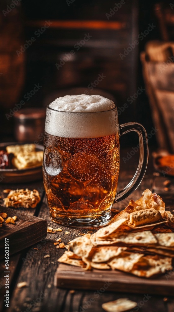 Glass of beer standing on wooden table with salty snacks Glass of beer standing on wooden table with salty snacks