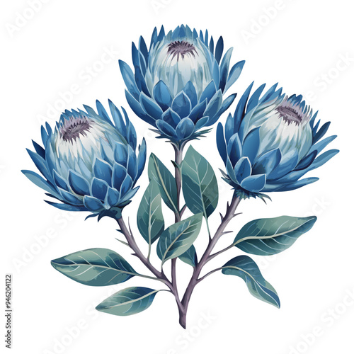 Vibrant Blue Protea Flowers with Green Leaves Arranged in a Bouquet