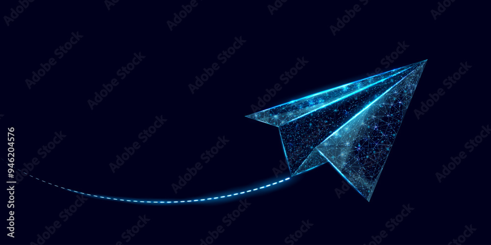 Polygonal paper plane. Business startup, innovation, growth, travel, way forward freedom concept. Wireframe low poly plane. Vector illustration.