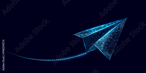 Polygonal paper plane. Business startup, innovation, growth, travel, way forward freedom concept. Wireframe low poly plane. Vector illustration.