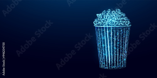 Pop corn wireframe. Movie night poster template with glowing low poly tasty snack. Futuristic modern abstract. Isolated on dark background. Vector illustration.