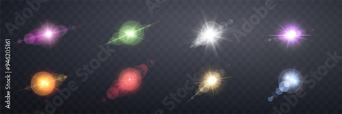 Different colors sunlight lens flare, sun flash with rays and spotlight. Glowing burst explosion on a transparent background.  
Vector illustration.