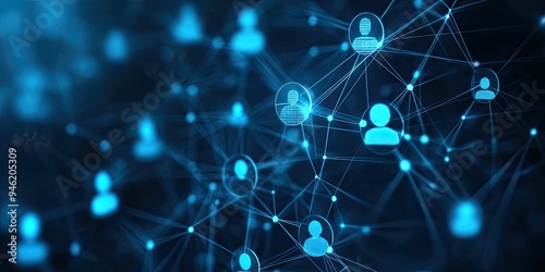 Abstract digital network with icons of people, business, and social media in blue color on a dark background Concept for customer relationship management or marketing technology Generative AI