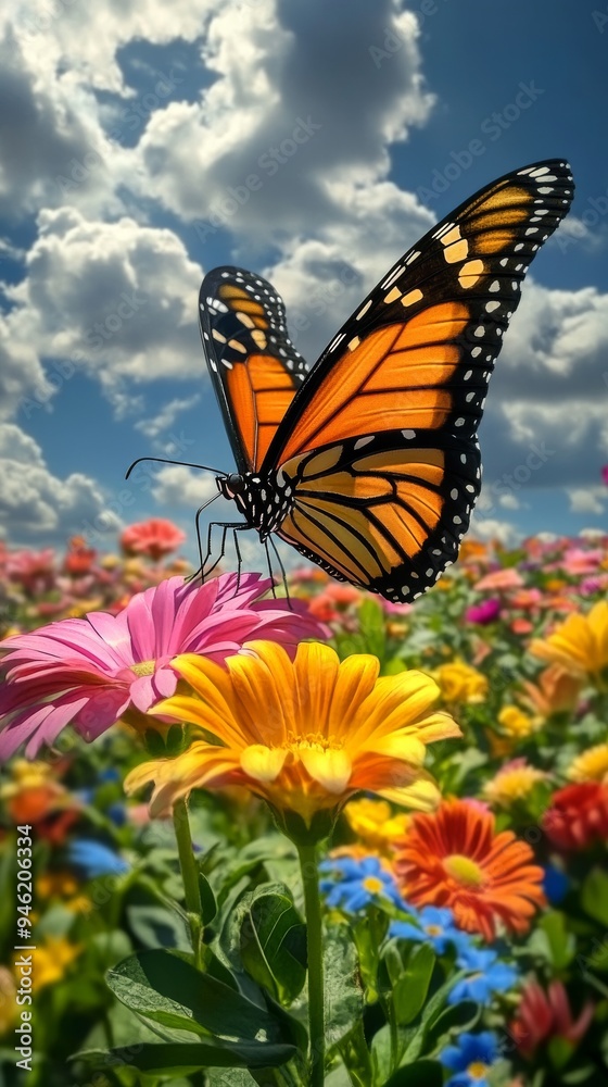 Fototapeta premium Monarch butterfly enjoying flower nectar under blue sky