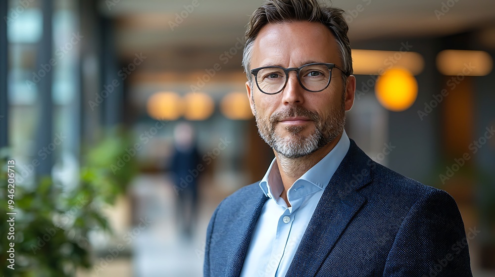 A portrait captures a self-assured businessman in a modern office. A portrait captures a self-assured businessman in a modern office.