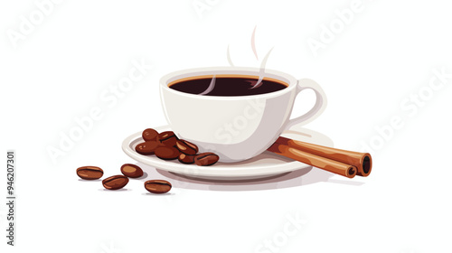 Steaming Cup of Coffee with Cinnamon Sticks and Coffee Beans
