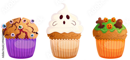 Halloween decoration sweet muffin and cupcake isolated on white. Spooky pastry illustration isolated on white. Trick or Treat