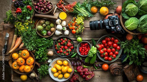 A variety of fruits and vegetables are arranged on a wooden table.