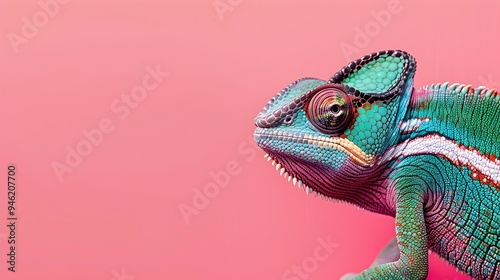 Side view of Chameleon on Pink color background Close-up with text and copy space photo