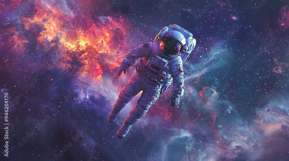 A beautiful nebula enveloping an astronaut as they drift through space, illustrated with vibrant, glowing colors in an anime style