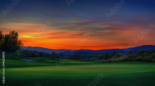 Wallpaper Mural A golf course at dusk with a blurred sunset painting the sky in warm hues, highlighting the peacefulness of the evening Torontodigital.ca