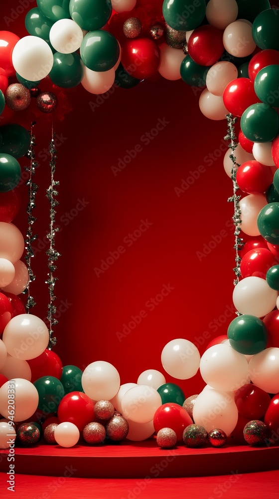 Christmas balloons forming arch on red background with copy space Christmas balloons forming arch on red background with copy space
