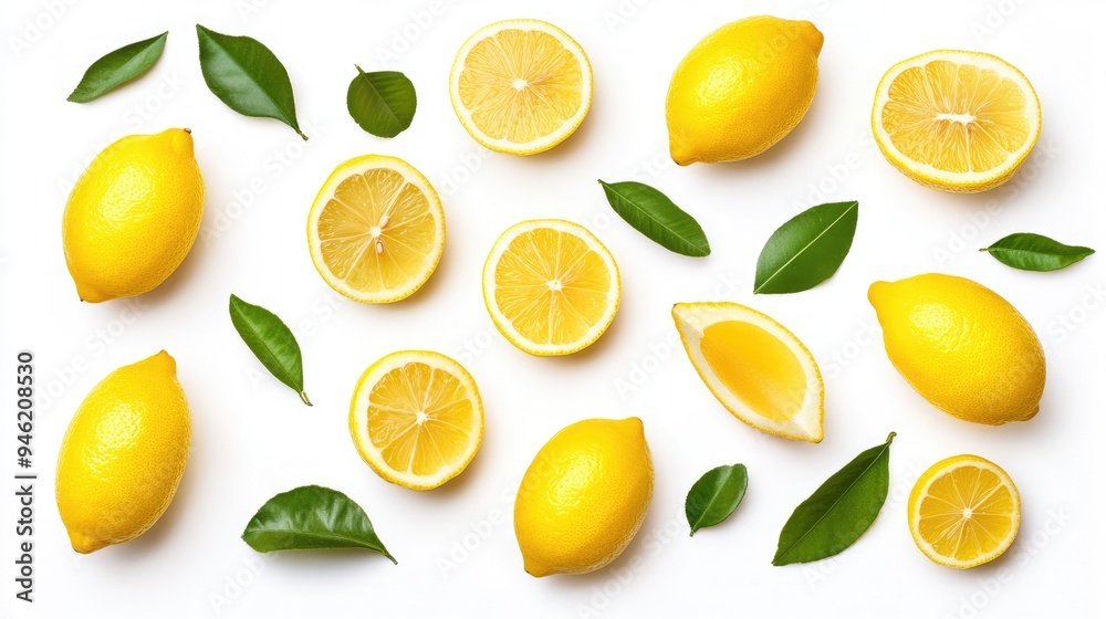 Fresh Lemons and Leaves on White Background. Fresh Lemons and Leaves on White Background.