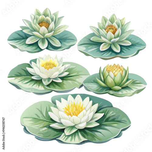 Watercolor Illustration of White Water Lilies with Yellow Centers and Green Leaves