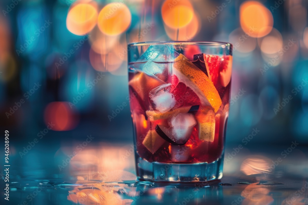 A refreshing glass of sangria with fruit slices and ice cubes A refreshing glass of sangria with fruit slices and ice cubes