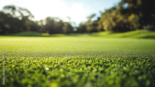 A golf course with a challenging dogleg, blurred rough in the background, and a focus on the well-maintained fairway photo