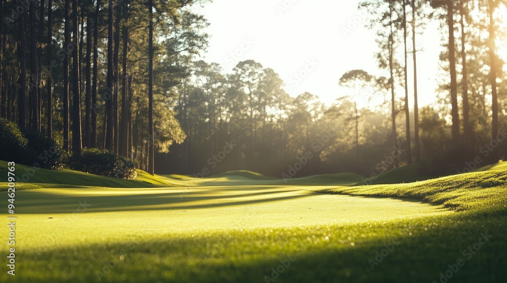 A golf course with a gently sloping fairway, blurred forest in the background, inviting players to take on the challenge A golf course with a gently sloping fairway, blurred forest in the background, inviting players to take on the challenge