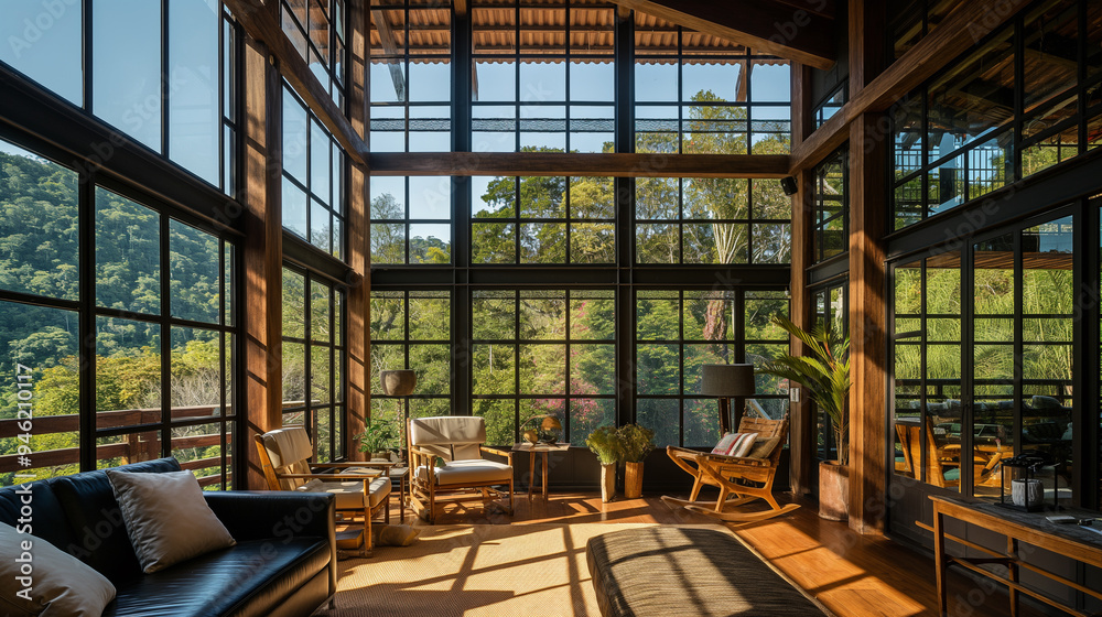 Cozy modern living room with large windows offering a scenic forest view. Cozy modern living room with large windows offering a scenic forest view.