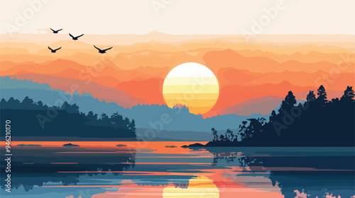 Vibrant Summer Sunset Illustration in Mixed Media Style