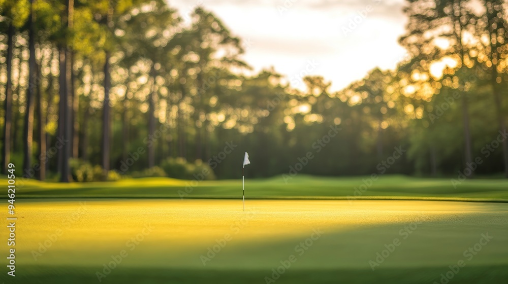 Obraz premium A golf course with a meticulously maintained green, blurred trees in the background, and a flagstick standing tall