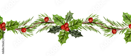 Christmas holly green leaves and red berries, fir tree twig seamless pattern border ribbon design watercolor vector