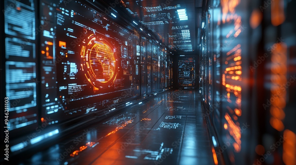 A holographic interface fills a data center hallway, displaying access controls and information in a vibrant, illuminated format. A holographic interface fills a data center hallway, displaying access controls and information in a vibrant, illuminated format.