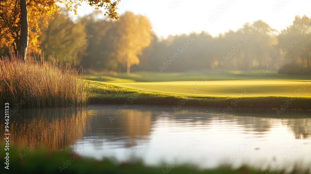 Fototapeta premium A golf course with a picturesque pond, blurred reeds in the background, creating a peaceful and reflective scene
