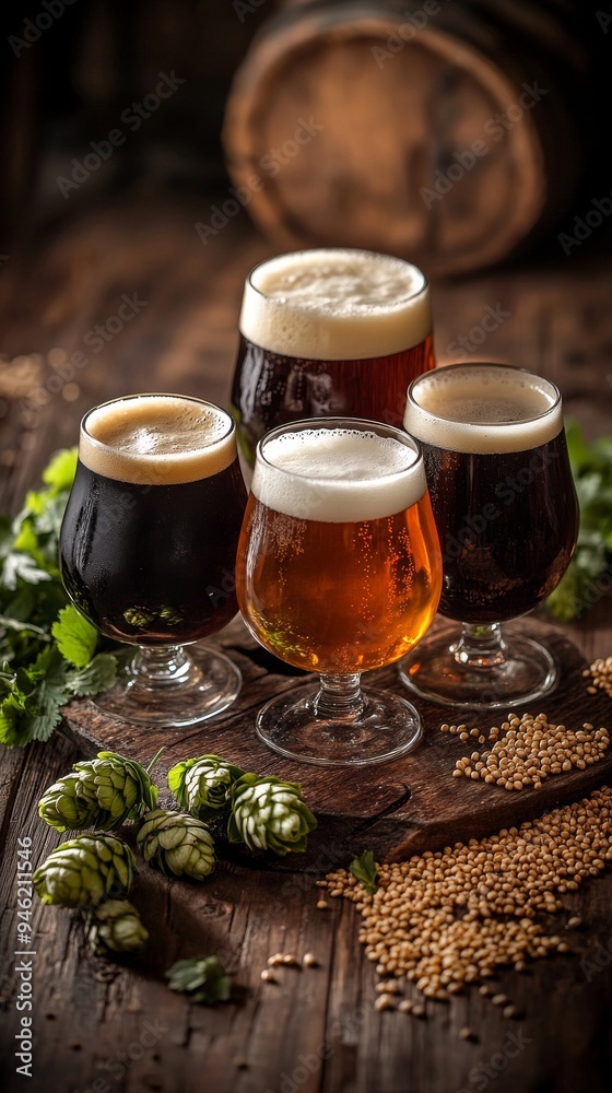 Four glasses of beer resting on wooden board with hops and barley Four glasses of beer resting on wooden board with hops and barley