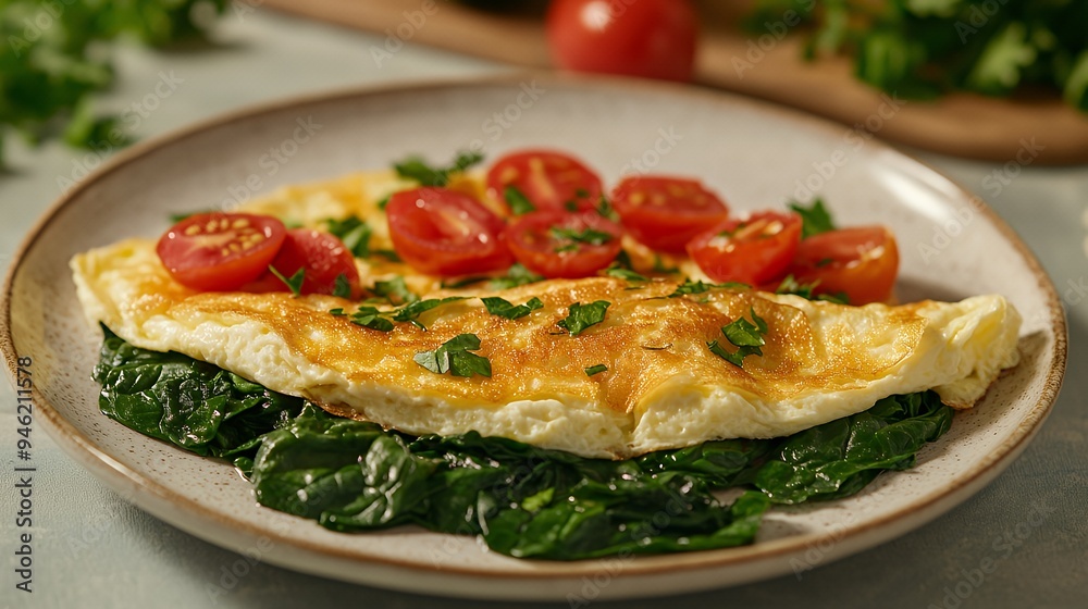 A delicious omelet served on a bed of spinach with cherry tomatoes and herbs. A delicious omelet served on a bed of spinach with cherry tomatoes and herbs.